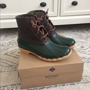 NEW Sperry Duck Boots Brown Leather Hunter Green